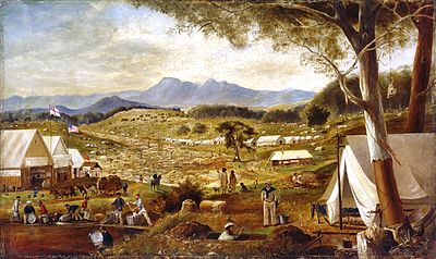 Miners indiscriminately cleared large areas of forest. Painting by Edward Roper - Gold diggings, Ararat, 1854. Edward Roper - Gold diggings, Ararat, 1854.jpg