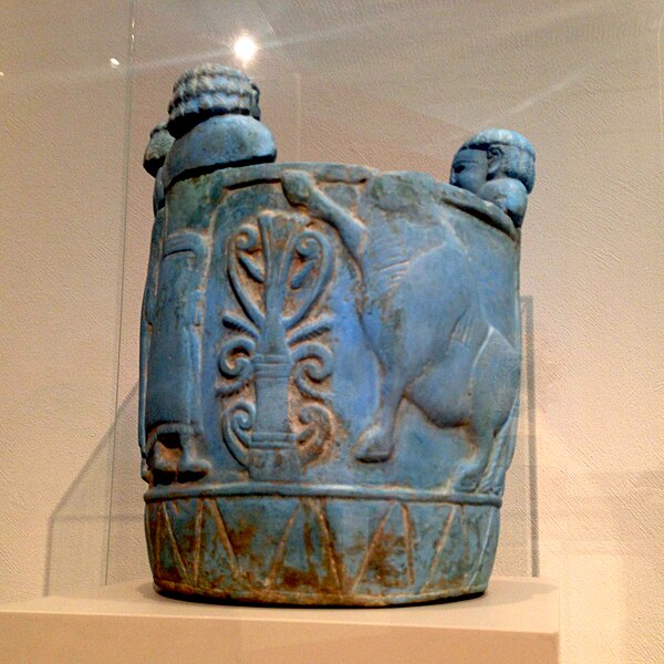 Pyxis made out of "Egyptian blue" faience: Imported to Italy from northern Syria, it was produced 750–700 BC. (Shown at Altes Museum in Berlin)