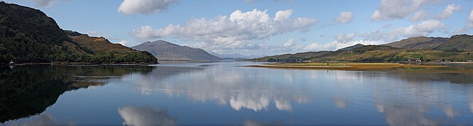 Panoramic view of Loch Alsh, seen from Eilan Donan castle, in the Scottish Highlands