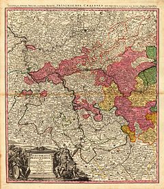 Kurfurstendömet Mainz (rosa) 1729, vid Rhen och Main. (Exklaverna Erfurt och Eichsfeld ryms ej)