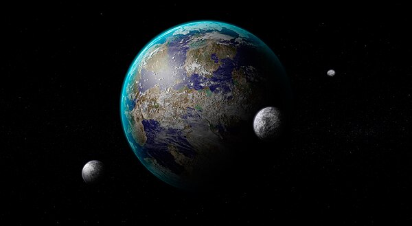 Artist's representation of a hypothetical habitable exoplanet with three natural satellites