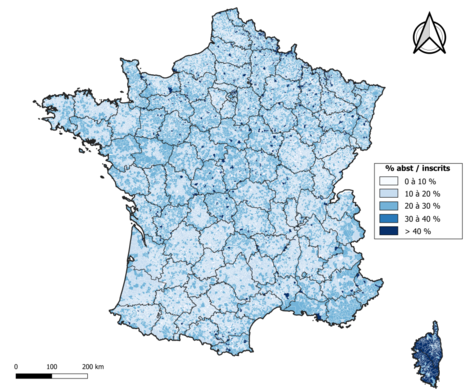 Taux d'abstention par commune au 1er tour en France métropolitaine.