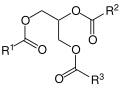 Allgemeine chemische Struktur von pflanzlichen Ölen, wie Maiskeimöl. Darin sind R1, R2 und R3 langkettige Alkylreste (ca. 13 %) oder Alkenylreste mit einer meist ungeraden Anzahl von Kohlenstoffatomen. Maiskeimöl ist – wie andere Pflanzenöle – ein Gemisch von Triestern des Glycerins