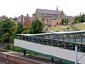 The view south east from the Mulberry Street access ramp across the three tracks to the platform access ramp and beyond to St Patrick's Church in the distance 16 July 2010