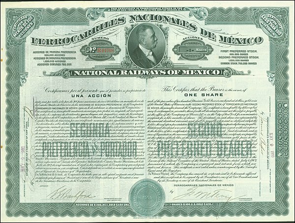 Share of the National Railways of Mexico, issued 9. May 1910