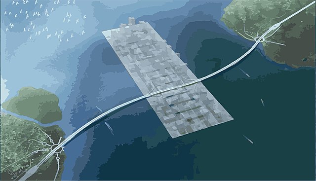 Artificial island with bridge