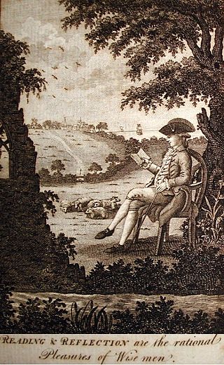 Gravure représentant un gentilhomme du XVIIIe siècle plongé dans sa lecture sur fond de paysage champêtre