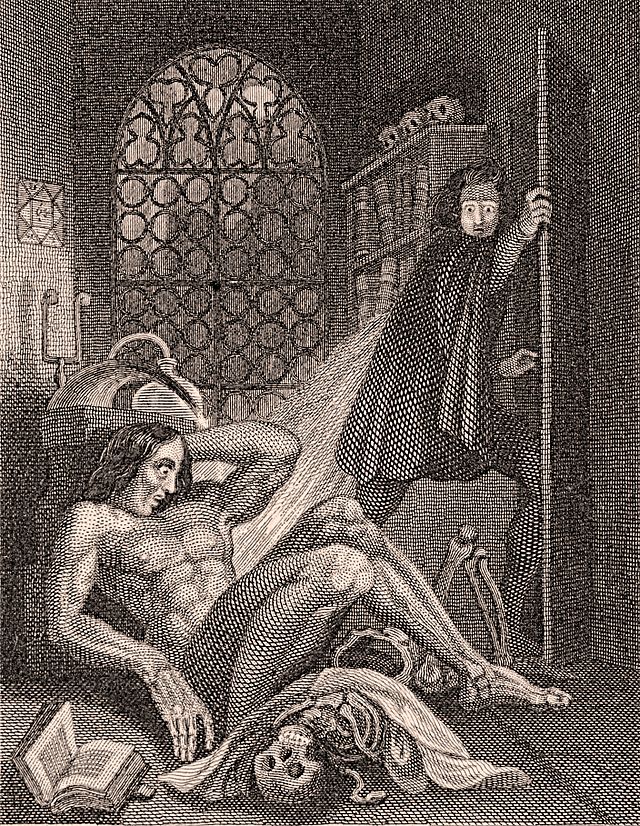 Engraving showing a naked man awaking on the floor and another man fleeing in horror. A skull and a book are next to the naked man and a window, with the moon shining through it, is in the background