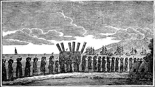 Kaumualiʻi and Kaʻahumanu, number 8, in the funeral procession of Queen Keōpūolani, 1823.