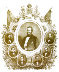 Uma ilustração com um retrato oval do Imperador encimado por uma coroa e bandeiras com retratos ovais de seis homens dispostos abaixo do retrato do Imperador