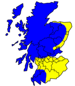 Linguistic divide in the middle ages. Left: divide in 1400 after Loch, 1932; Right: divide in 1500 after Nicholson, 1974 (both reproduced from Withers, 1984) Note: Caithness Norn as shown in the orange was also spoken in the 1400s in the same region as the 1500s' picture, but its presence, exact timeline, and mixture with Scottish Gaelic is debated*   Scottish Gaelic   Scots   Norn