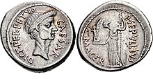 Denarius of moneyer P. Sepullius Macer with the head of Julius Caesar on the obverse. The legend on the obverse reads
.mw-parser-output span.smallcaps{font-variant:small-caps}.mw-parser-output span.smallcaps-smaller{font-size:85%}
dict perpetvo caesar Gaius Julius Caesar, denarius, 44 BC, RRC 480-10.jpg