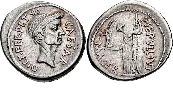 Denarius of Publius Sepullius Macer, 44 BC, with the head of Julius Caesar on the obverse. The legend mentions that Caesar was dictator perpetuo.