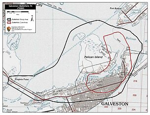 Map of Galveston Harbor Battlefield core and study areas by the American Battlefield Protection Program. Galveston 1862 Battlefield Texas.jpg