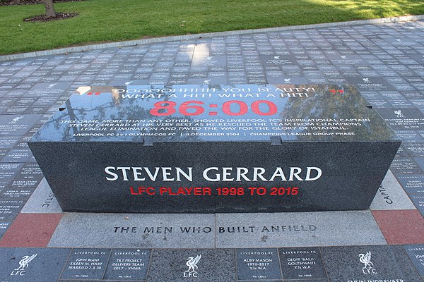 The Gerrard plinth outside Anfield inscribed with 86 minutes (the time of his strike against Olympiacos) and "Oh, you beauty!! What a hit son! What a 