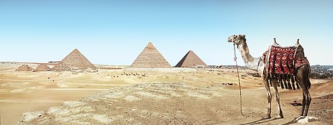 Giza Pyramids with Camel (46886275394).jpg