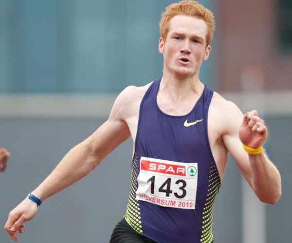 Rutherford competing in the 100 m at the Arena Games in Hilversum, 2010