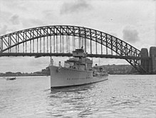 Vendetta in Sydney Harbour in April 1939 to collect the body of Prime Minister Joseph Lyons. HMAS Vendetta - Sydney Harbour 1939.jpg