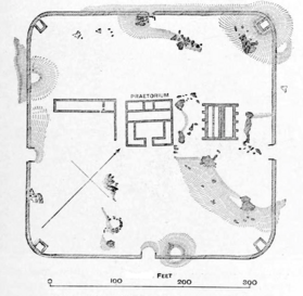 Hardknott Roman Fort. Its granary at right can be identified by its external buttresses. Hardknott Roman Fort.png