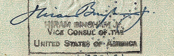Hiram Bingham's signature in a passport.