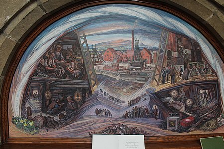 Painting in All Saints' Church, Gresford commemorating the 1934 Gresford disaster, above a book with the names of the 266 who died. Holl Seintiau - All Saints' Church, Gresffordd (Gresford) zz 07.jpg