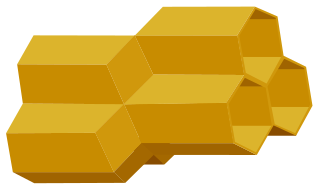 A computer-generated model of two opposing honeycomb layers, showing three cells on one layer fitting together with three cells on the opposing layer.