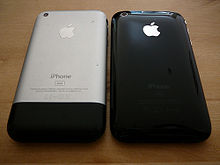 A rear view of the original iPhone (left) made of aluminum and plastic, and the iPhone 3G (right) made entirely from a hard plastic material IPhone & iPhone 3G.jpg