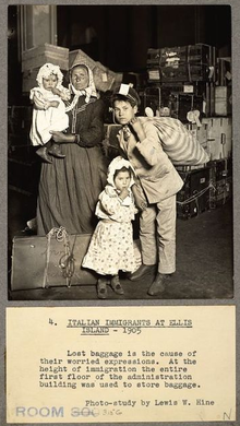 Italian immigrants entering the United States via Ellis Island in 1905 ITALIAN IMMIGRANTS (1905) ELLIS ISLAND NY.png