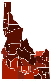 Map of counties in Idaho by racial plurality, per the 2020 US Census
Legend
Non-Hispanic White
.mw-parser-output .legend{page-break-inside:avoid;break-inside:avoid-column}.mw-parser-output .legend-color{display:inline-block;min-width:1.25em;height:1.25em;line-height:1.25;margin:1px 0;text-align:center;border:1px solid black;background-color:transparent;color:black}.mw-parser-output .legend-text{}
50-60%
60-70%
70-80%
80-90%
90%+ Idaho counties by race.svg