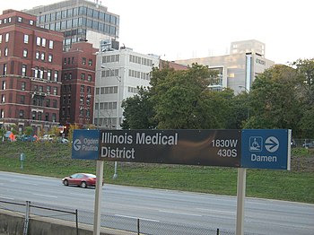 View of the eastbound Eisenhower Expressway from the station. Illinois Medical District CTA view of Rush University Medical Center.jpg