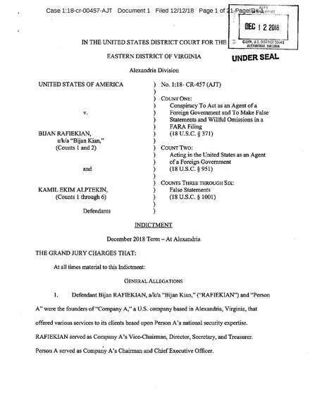 Indictment of Bijan Kian and Kamil Ekim Alptekin unsealed on December 17, 2018. Indictment of Bijan Rafiekian and Kamil Ekim Alptekin.pdf