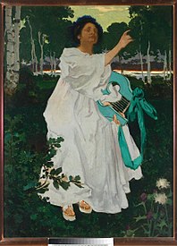 Muse label QS:Len,"Muse" label QS:Lpl,"Muza" . circa 1897 date QS:P,+1897-00-00T00:00:00Z/9,P1480,Q5727902 . oil on canvas medium QS:P186,Q296955;P186,Q12321255,P518,Q861259 . 130 × 95 cm (51.1 × 37.4 in). Warsaw. National Museum in Warsaw (MNW).