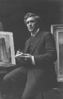 J. Alphege Brewer with his "The Cathedral of St. Gudule.... Brussels, Belgium" (1914) on the easel James Alphege Brewer.webp