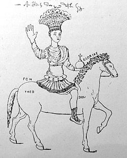 Drawing of the equestrian statue of Justinian in the Augustaion by Nymphirios. Justinian Augustaion Nimphyrios.jpg