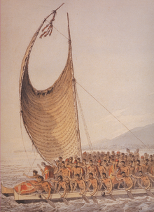 Drawing of single-masted sailboat with one spinnaker-shaped sail, carrying dozens of men