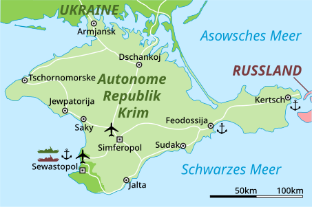 EN: Political german map of Crimea. Shows important towns, roads, airports and (military) harbours. DE: Deutsche politische Landkarte der Halbinsel Krim. Zeigt wichtige Städte, Straßen, Flughäfen und (Militär-)Häfen