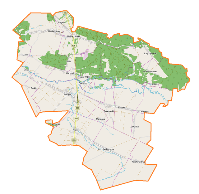 Mapa konturowa gminy Księżpol, na dole znajduje się punkt z opisem „Korchów Pierwszy, cerkiew”
