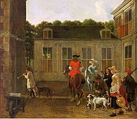 Hunting party in the Courtyard of a Country House label QS:Len,"Hunting party in the Courtyard of a Country House" label QS:Lpl,"Impreza myśliwska na dziedzińcu wiejskiego dworu" label QS:Lnl,"Jagers in het binnenhof van een landhuis" circa 1665-1670. oil on canvas medium QS:P186,Q296955;P186,Q12321255,P518,Q861259 . 69.2 × 82.6 cm (27.2 × 32.5 in). Detroit, Detroit Institute of Arts.