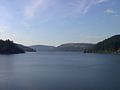 View overlooking Lake Vyrnwy in Powys showing the full extent of the lake.