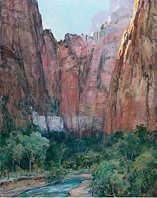 Zion National Park oil on canvas painting by Howard Russell Baker, 1926.