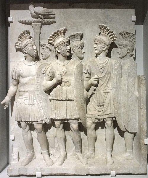 Praetorian guardsmen featured in a marble relief from the Arch of Claudius (51/52 AD)