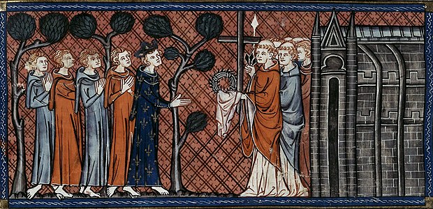 Louis IX menerima mahkota duri dan relik suci lainnya untuk kapel (ilustrasi abad ke-14)