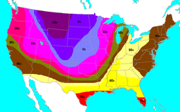 Mapa dos Estados Unidos com sobreposições coloridas destacando gradientes de temperatura