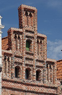 Crow-stepped gable stairstep type of design at the top of the triangular gable-end of a building