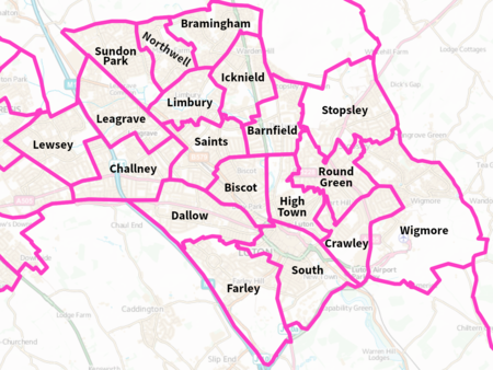 Mappa di Luton divisa nei suoi 19 quartieri