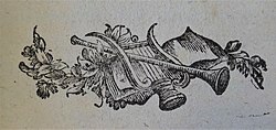 Lyre, horn and book fleuron from Poems, Letters, etc., etc. Ascribed to Robert Burns. Lyre, horn and book fleuron from Poems, Letters, etc., etc. Ascribed to Robert Burns. 1809.jpg