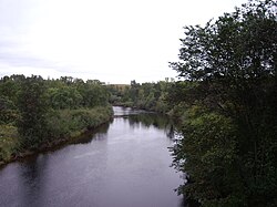 Река Магнитаван смотрит вниз по течению от моста Highway 11 в Burk's Falls