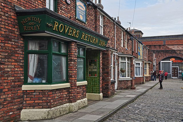A view down Coronation Street at the MediaCityUK set, with the Rovers Return pub in the foreground