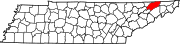 Hartă a statului Tennessee indicând comitatul Hawkins