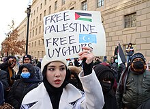 A woman with a banner demanding freedom for Uyghurs, 13 January 2024 March for Gaza Washington DC 13 January 2024.jpg